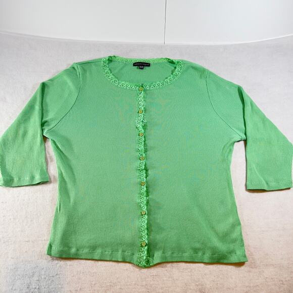 Button Up Top Carolyn Taylor Woman's XL Green Lace Trim Cotton Rayon Blend - Picture 2 of 13